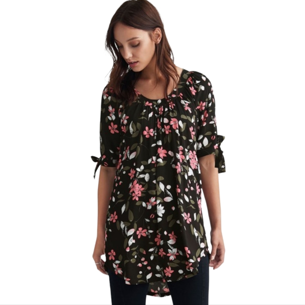 Ellos Black and Pink Floral Tunic Top Sz 20
